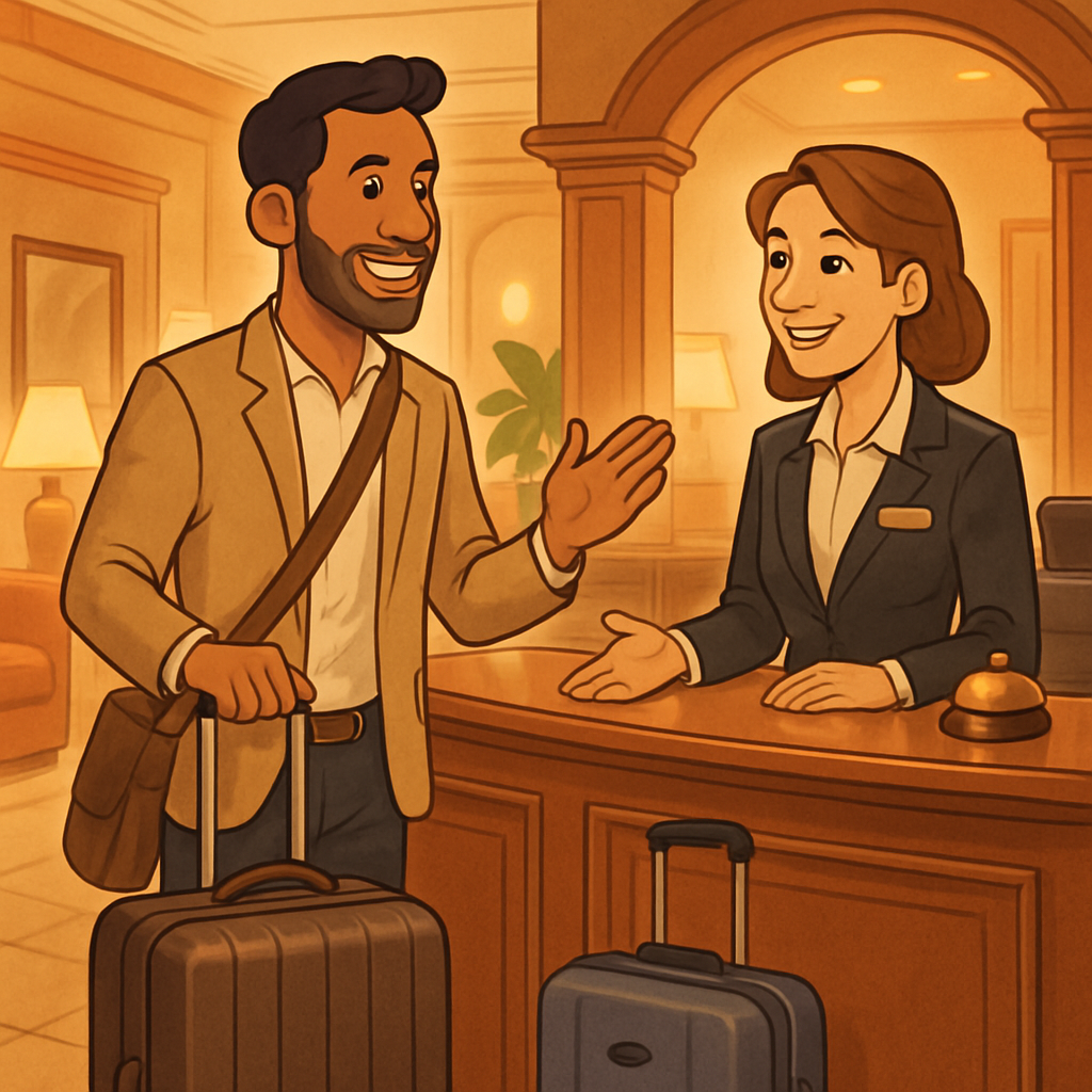 A confident international traveler speaking with a friendly hotel receptionist at an elegant hotel lobby, with luggage nearby and a welcoming atmosphere, photorealistic style, warm lighting. hotel English conversations.