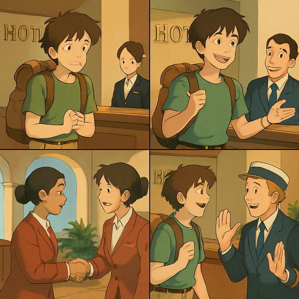 A confident traveler successfully communicating with hotel staff around the world, showing transformation from nervous beginner to fluent communicator, inspiring journey visualization