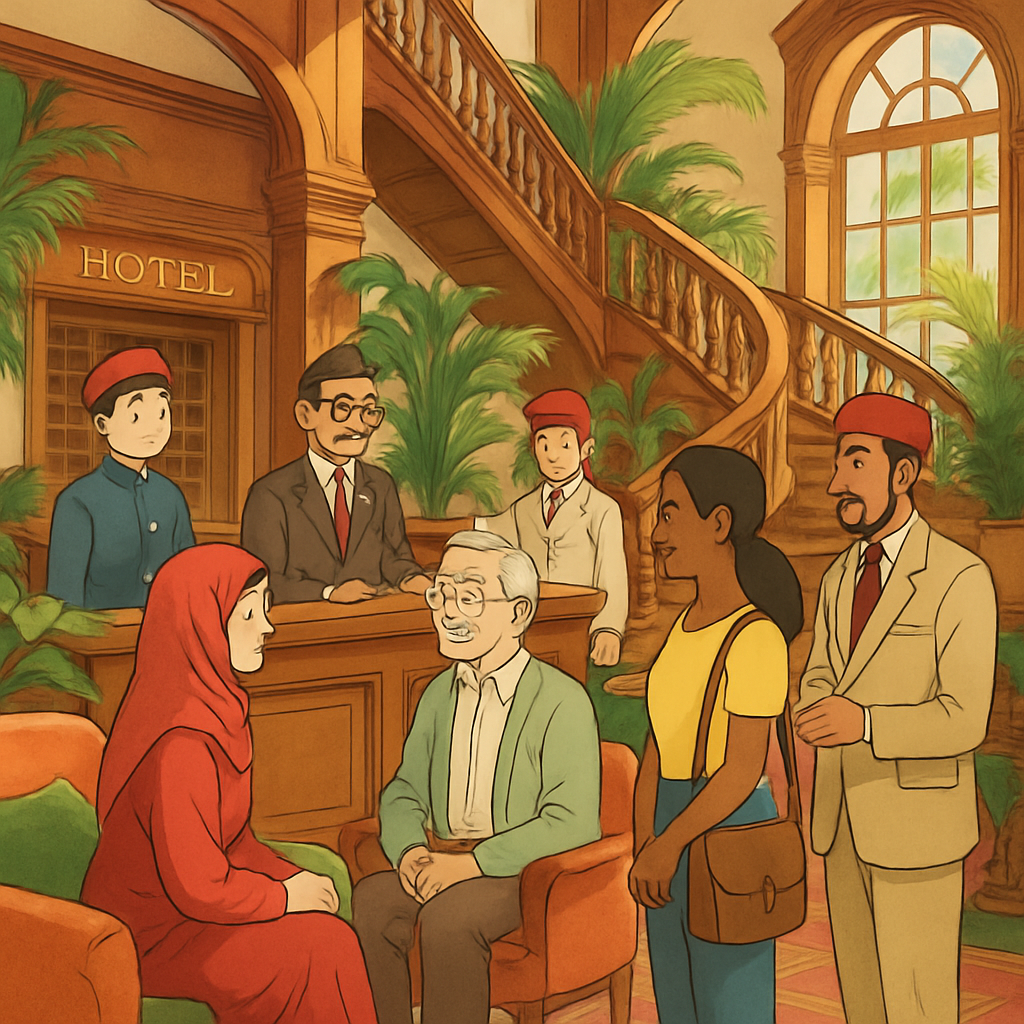 A diverse international hotel lobby showing respectful interactions between guests and staff from different cultures, emphasizing global hospitality standards