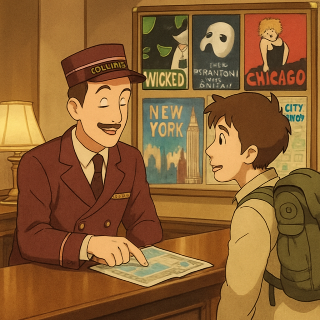 A helpful hotel concierge providing recommendations to an interested guest, with Broadway show posters and New York tourist information visible in the background, professional hotel lobby setting