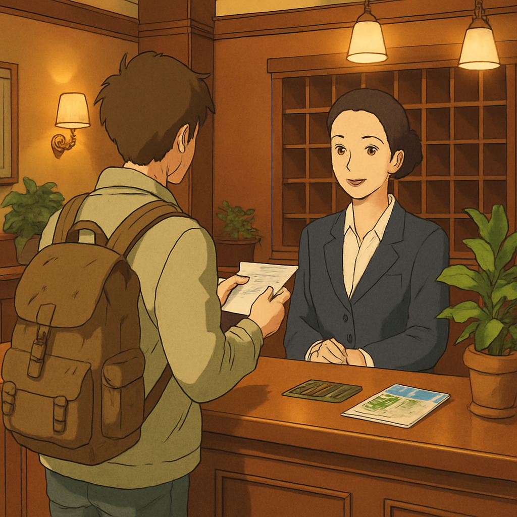 A hotel checkin scene showing a traveler presentin 0