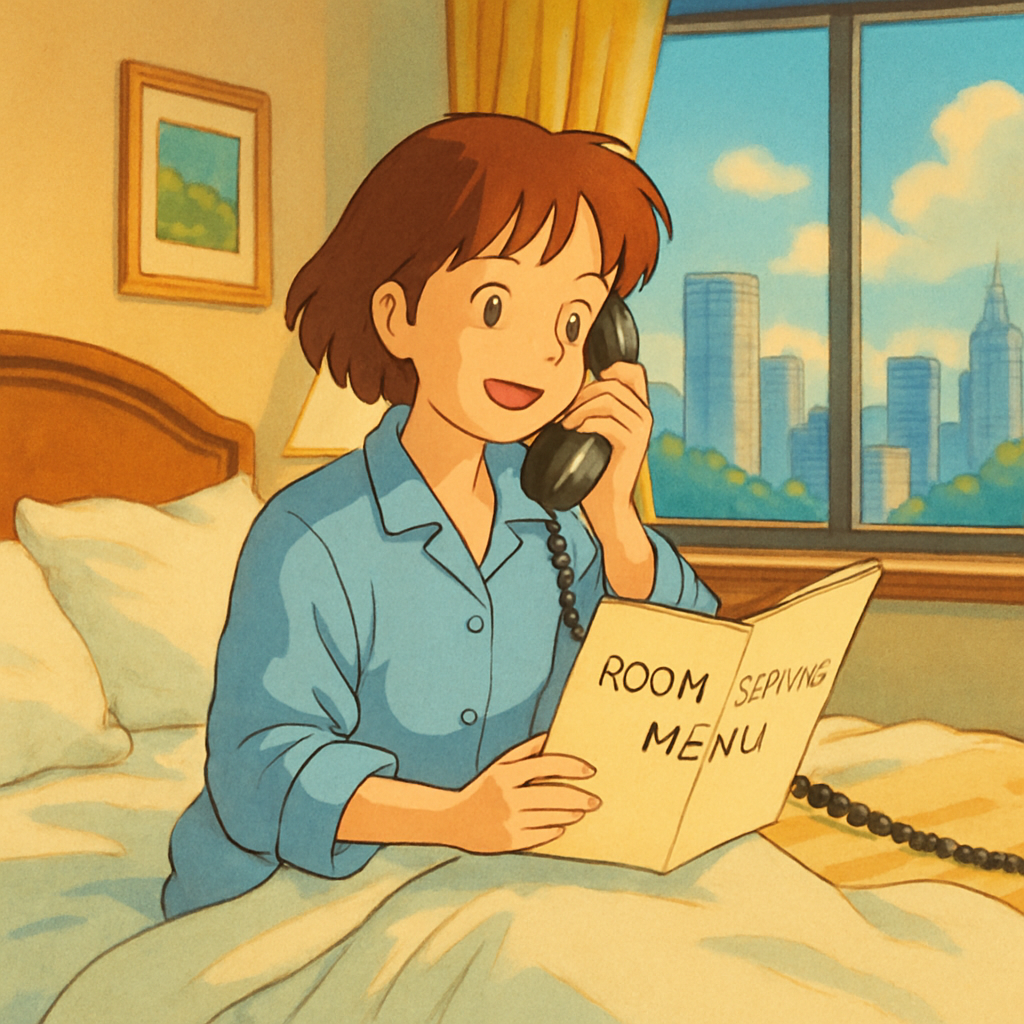 A hotel guest comfortably ordering room service by phone while sitting on a hotel bed, with a room service menu visible, cozy hotel room atmosphere with city view