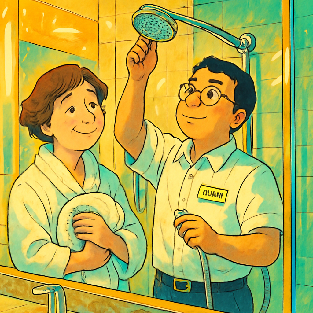 A hotel maintenance worker fixing a shower while a guest looks on appreciatively, professional service scene in a modern hotel bathroom