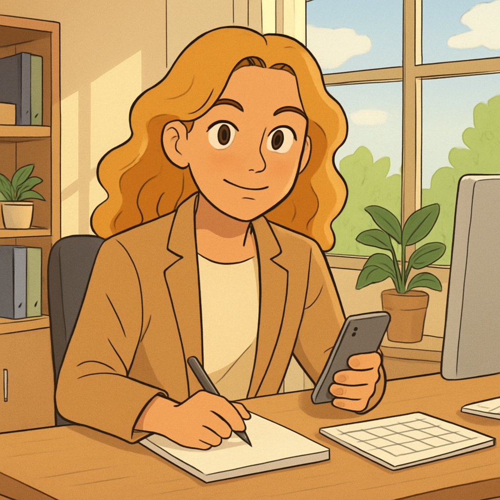 A person making a hotel reservation call at a desk with a calendar, notepad, and phone, looking confident and organized, modern home office setting