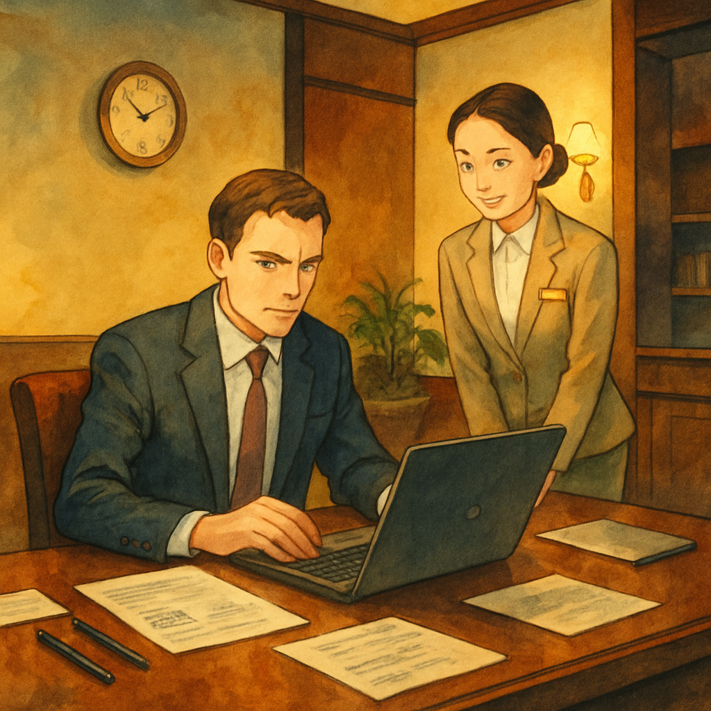 A professional business traveler in a hotel business center, working on presentations with hotel staff providing assistance, modern executive environment
