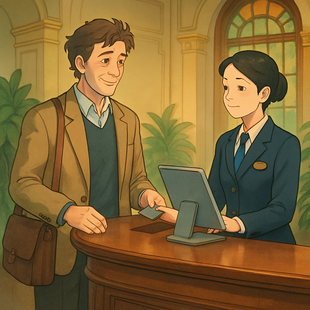 A satisfied hotel guest completing check-out with a professional staff member, showing payment processing and farewell interaction, elegant hotel reception area