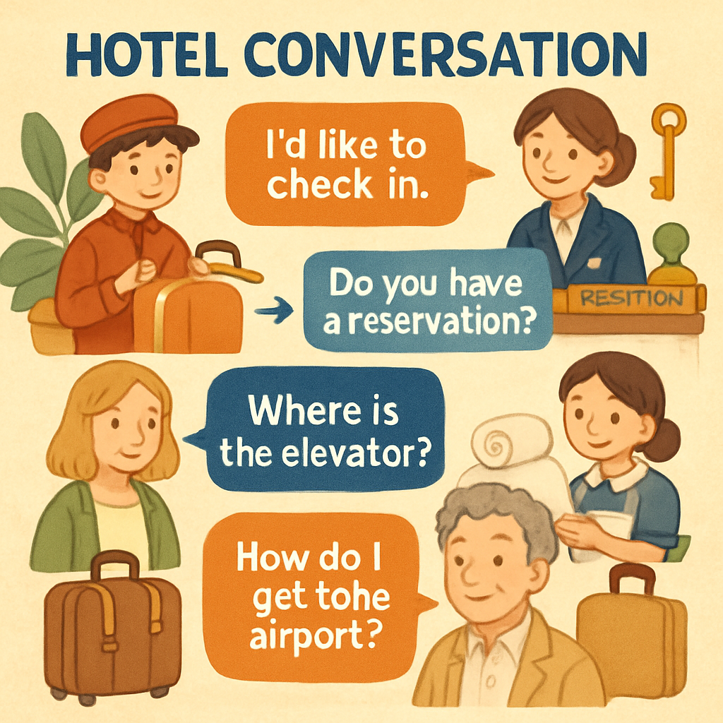 An educational infographic showing hotel conversation grammar patterns with speech bubbles, arrows, and clear examples, modern design with hotel imagery