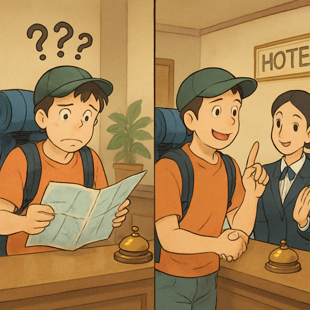 Split-screen showing a confused traveler struggling with language barriers on one side, and the same person confidently communicating with hotel staff on the other side, transformation concept
