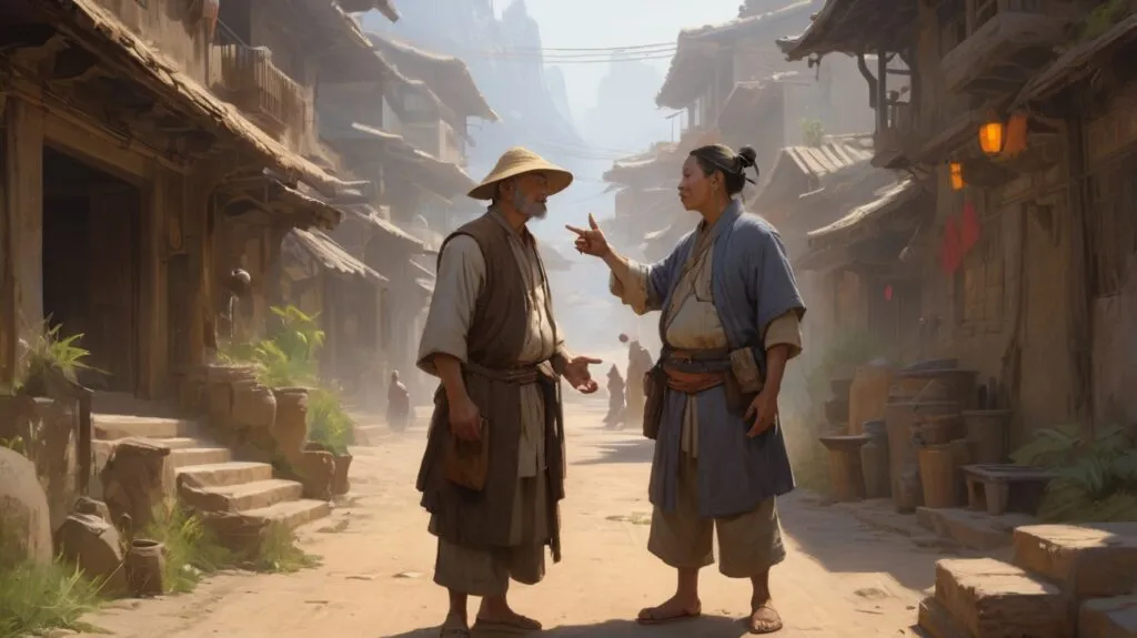 A friendly local giving directions to a tourist, gesturing with their hands to indicate the path