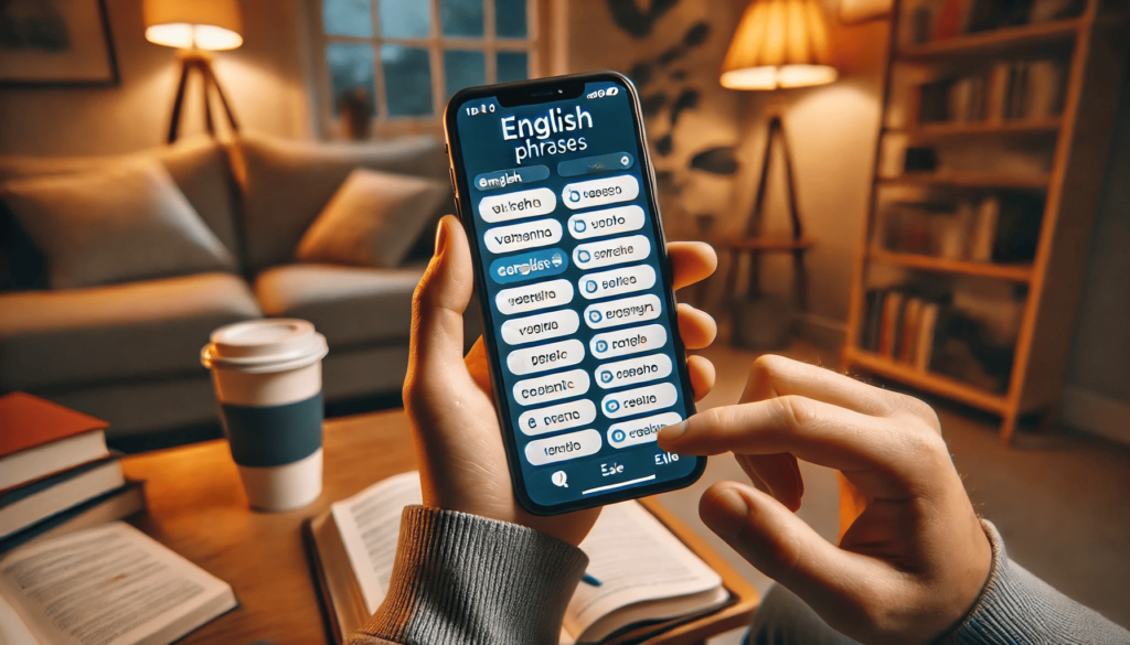 A person practicing English phrases on a language learning app