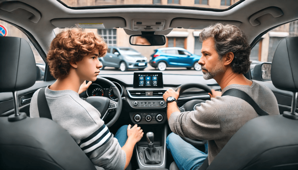 A learner driver practicing parallel parking with an instructor