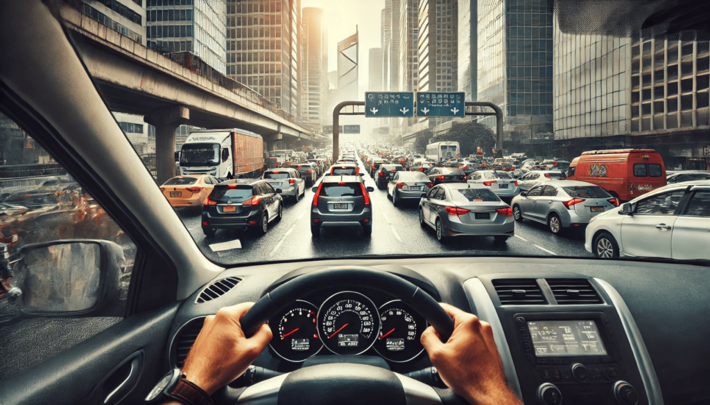 A driver navigating through heavy traffic in an urban setting