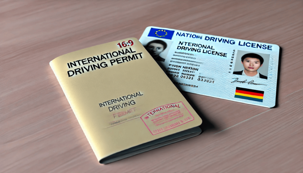 An international driving permit next to a national driving license