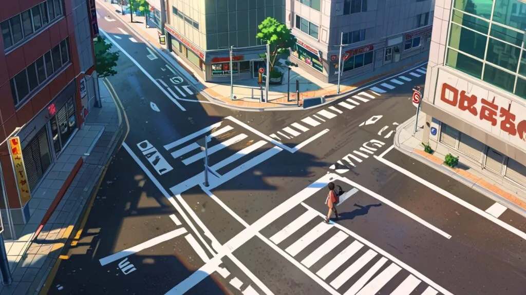 A busy city intersection with clear street signs, pedestrians, and various shops and buildings