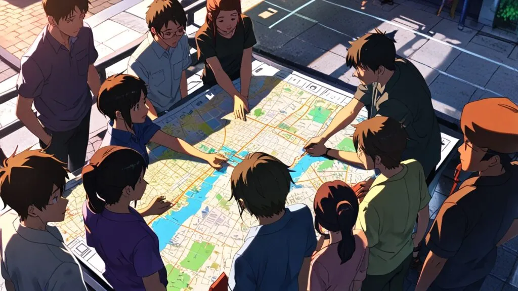 A diverse group of people gathered around a large city map, pointing and discussing directions. Helpful English Phrases.