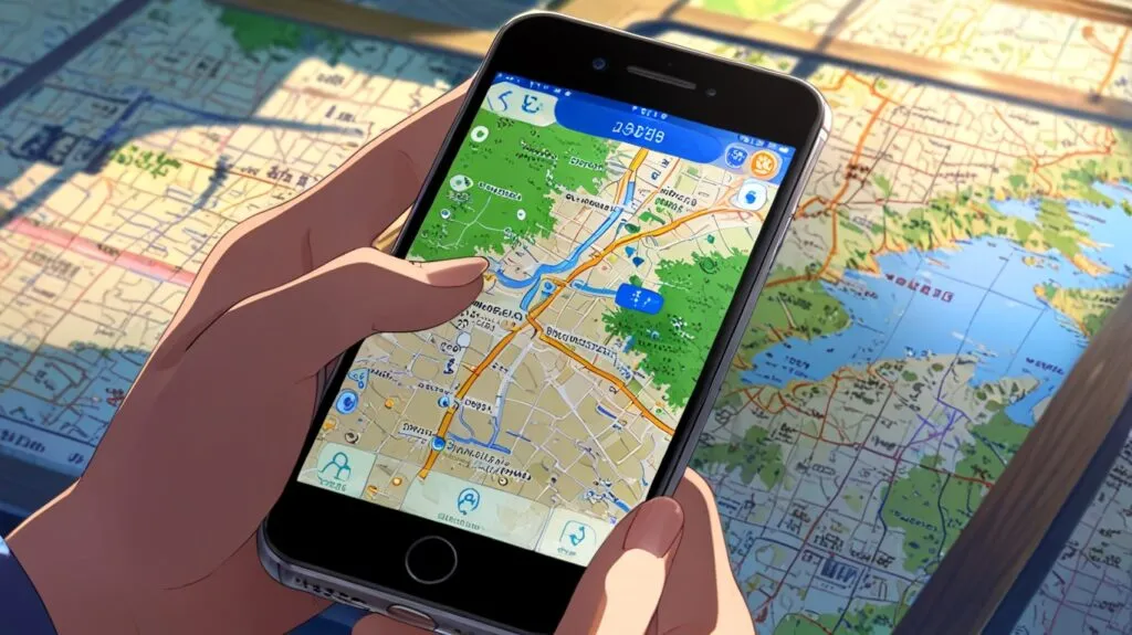 A smartphone displaying a map application with a highlighted route and estimated travel time