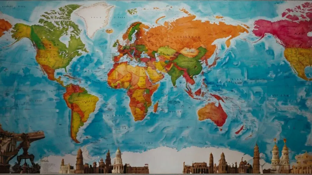 A colorful world map with various landmarks from different countries, symbolizing global travel and exploration