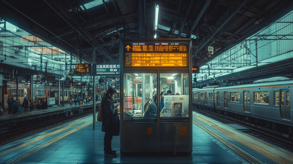 A bustling train station with a ticket booth