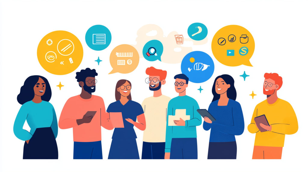 A diverse group of people engaged in animated conversation, with speech bubbles containing work and hobby-related icons floating above their heads. Confident English Phrases