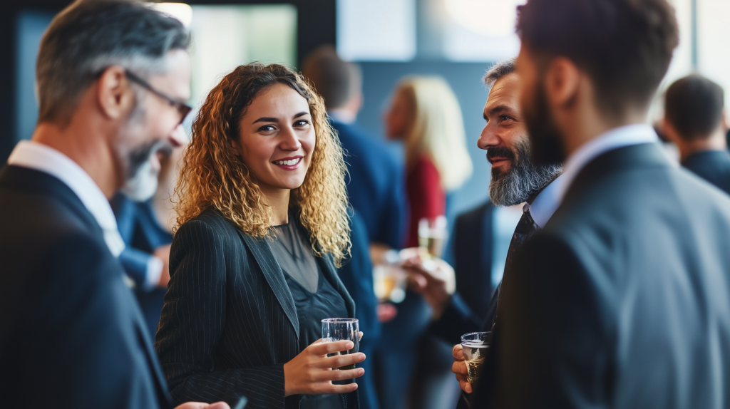 A diverse group of professionals engaged in conversation at a networking event