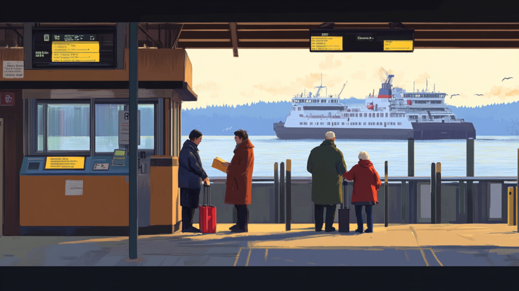 A ferry ticket terminal with a family purchasing tickets.