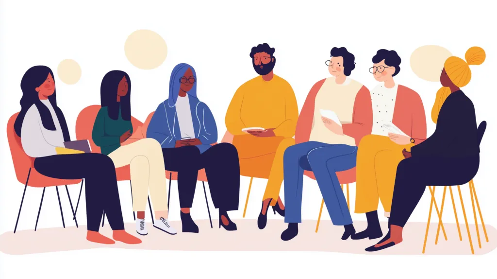 100 Useful English Phrases to Confidently Order Drinks & Talk About Your Job 7 A group of diverse individuals practicing English conversation in a casual setting