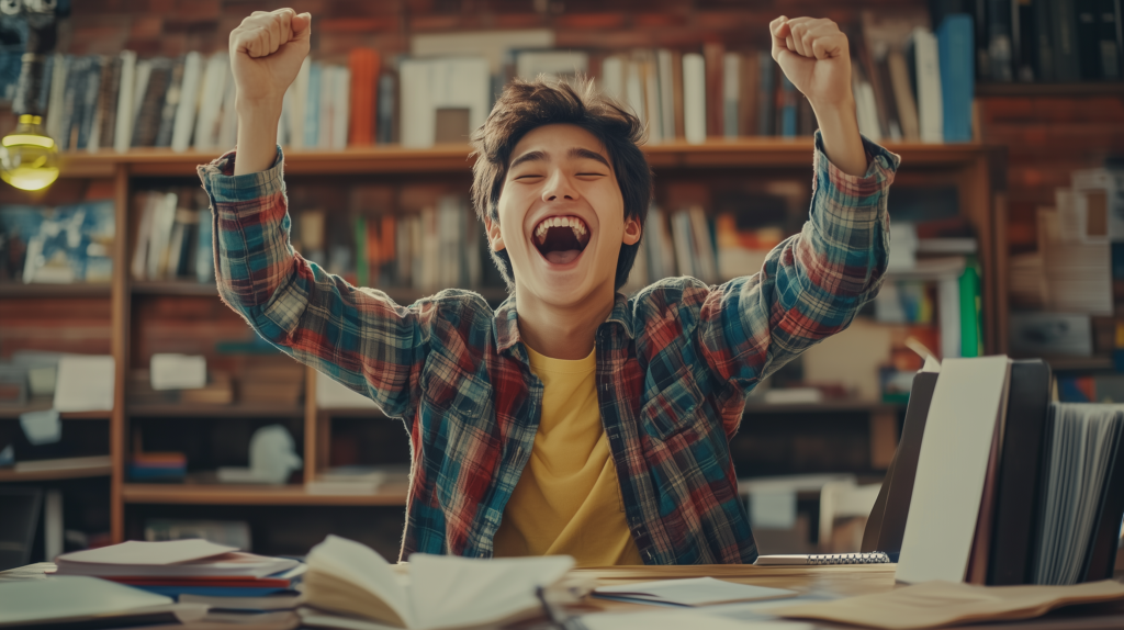 A jubilant person celebrating their language learning progress, surrounded by English learning materials