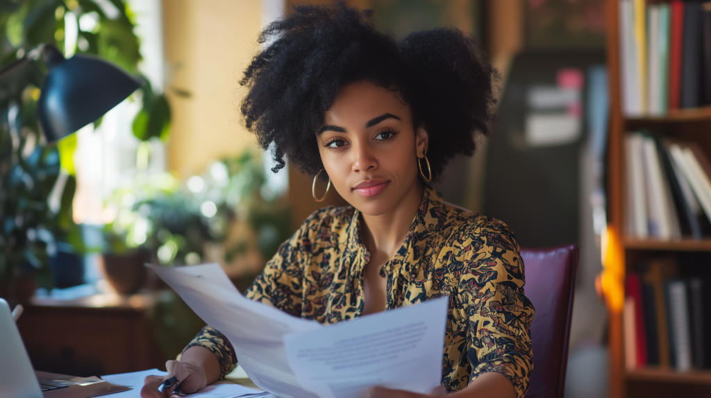 100 Useful English Phrases to Confidently Order Drinks & Talk About Your Job 6 A person sitting at a desk, looking thoughtful while reviewing work documents