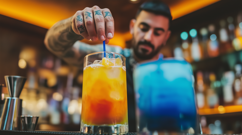 100 Useful English Phrases to Confidently Order Drinks & Talk About Your Job 3 A skilled bartender mixing a colorful cocktail behind a well-stocked bar