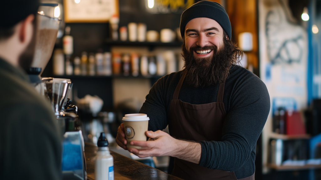 100 Useful English Phrases to Confidently Order Drinks & Talk About Your Job 2 A smiling barista handing a cup of coffee to a customer across a café counter. English Phrases to Order drinks.