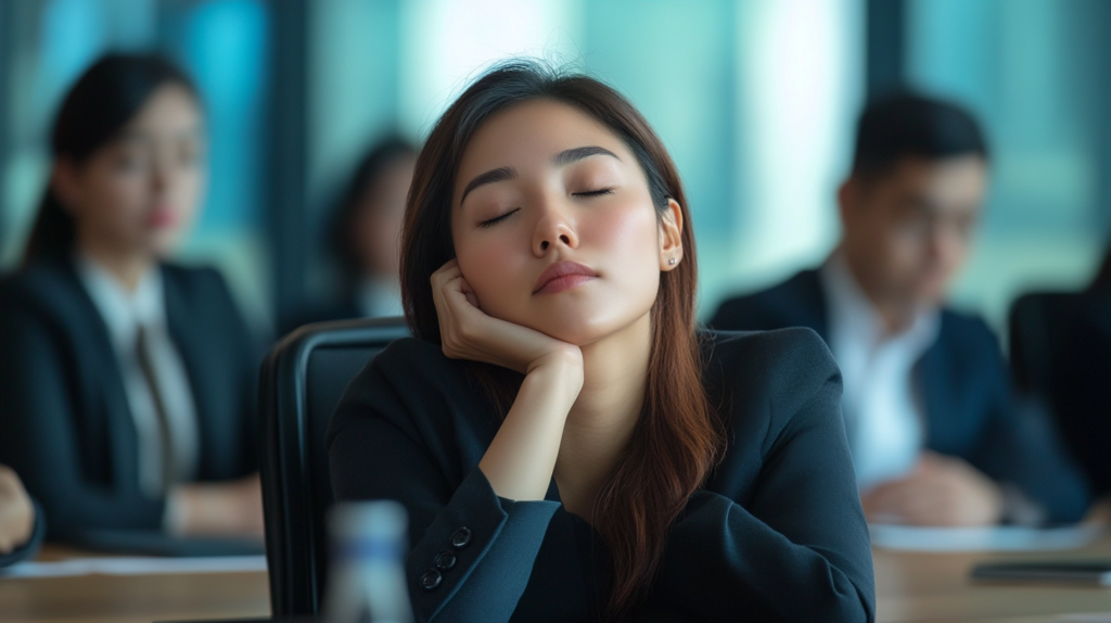 Exhausted business professional falling asleep during a meeting.