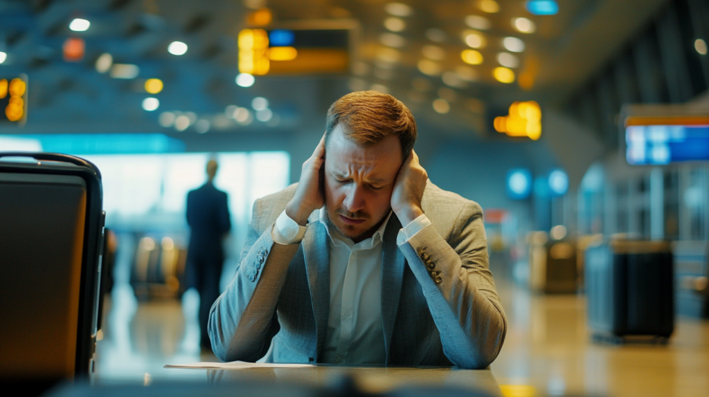 Business traveler frustrated at the airport, part of a nightmare business trip. Advanced English Conversation.