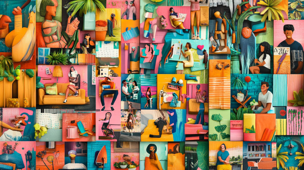Collage of diverse hobbies, people doing sports, arts, reading, gardening, vibrant colors, cartoon style, seamless integration