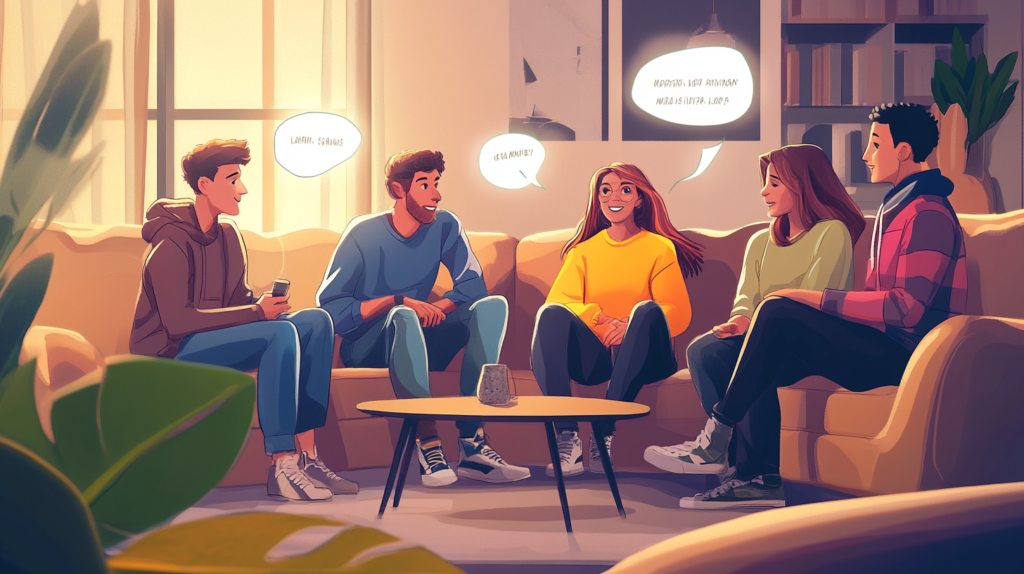 Group of friends sharing a hobby, speech bubbles with inviting phrases, warm lighting, cozy atmosphere, realistic style