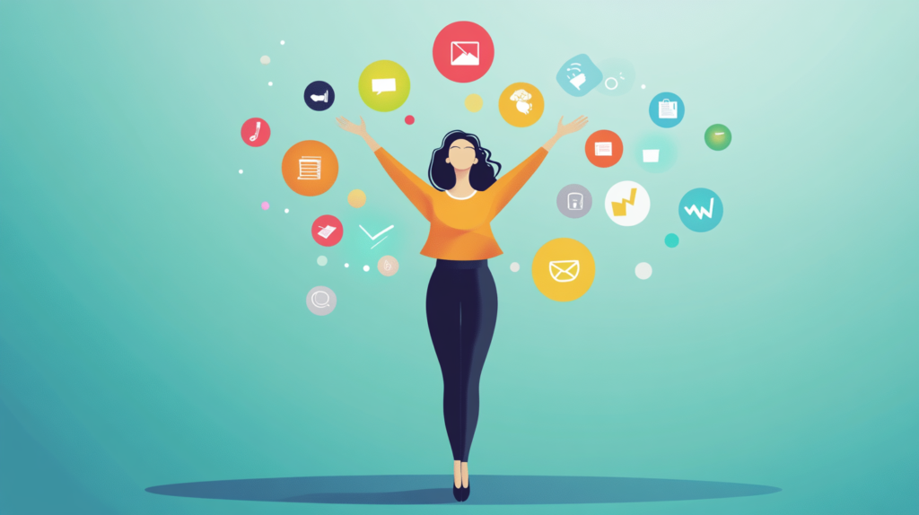 Infographic of person juggling colorful work responsibility icons, clean vector style, blue background, dynamic pose
