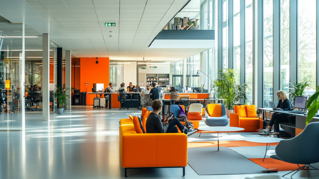 Modern office space, various work zones, bright colors, open plan, people collaborating, futuristic design elements