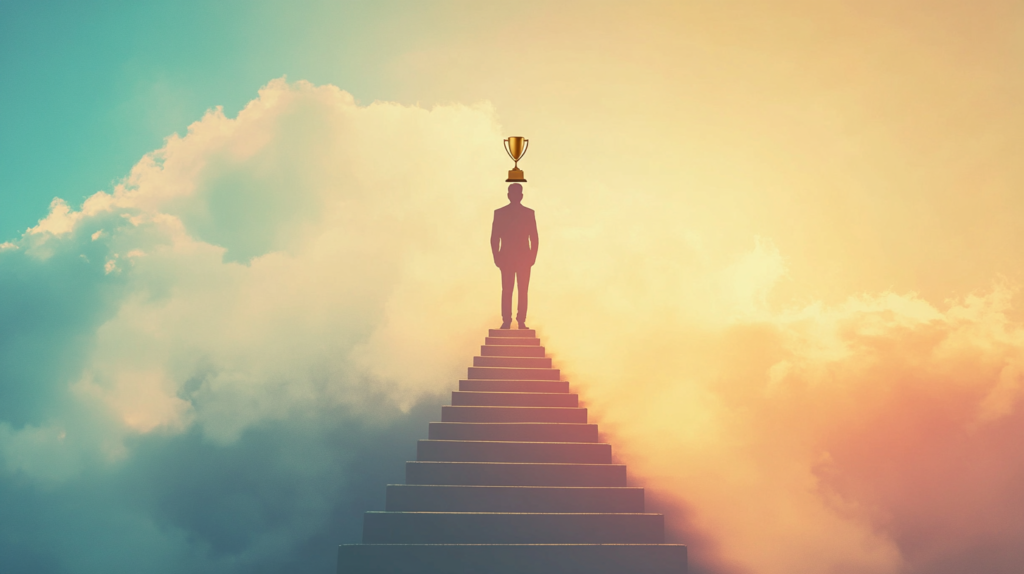 Person atop achievement staircase, each step a career milestone, golden trophy at top, motivational poster style