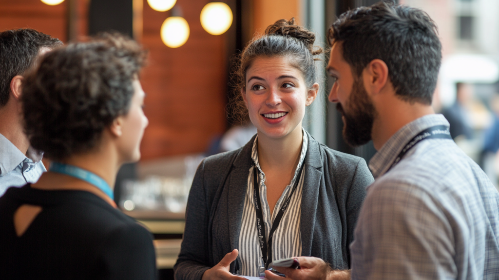 Professionals discussing education at a networking event