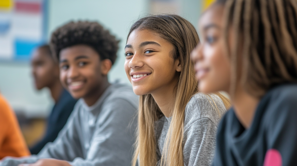 Students discussing education in a classroom setting. English education phrases