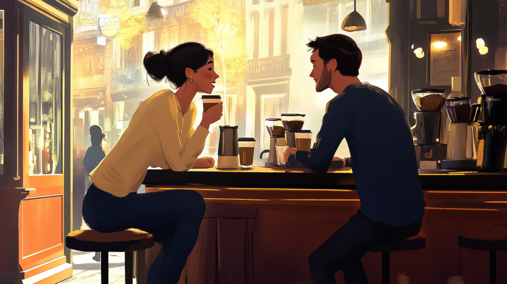 Two people engaged in animated conversation while enjoying coffee in a bustling café