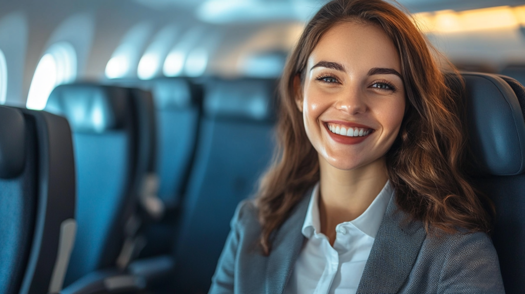 a woman smiling happily on the flight