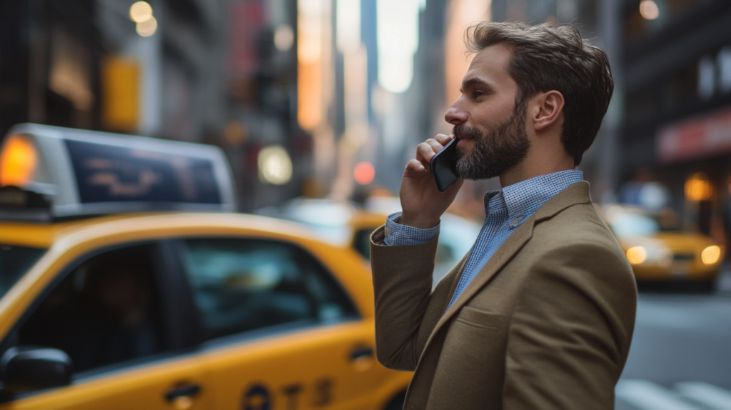A person on the phone booking a taxi,