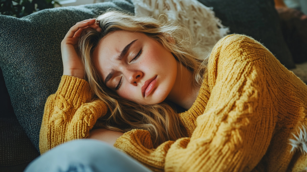 A woman exhausted lying on the couch