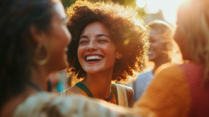 A woman greeting her friends