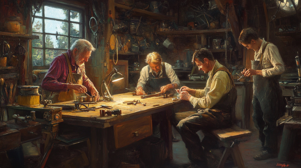 A photo of men working on hobbies together