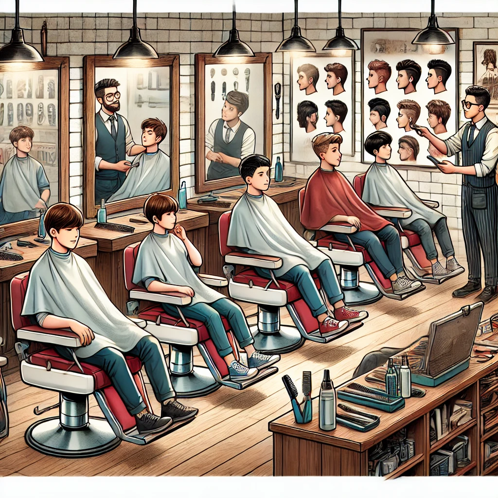 Intermediate ESL conversations: Students role-playing barber shop dialogues