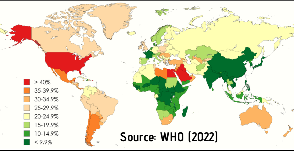 Global obesity insights: World map showing obesity rates in 2024 English Speaking