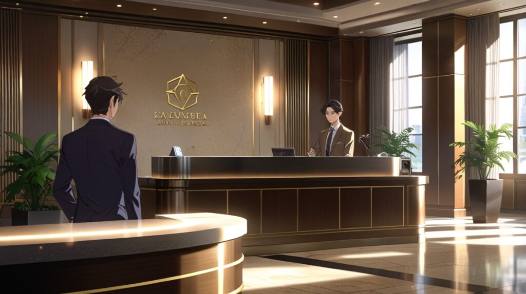 A sophisticated traveler confidently conversing with hotel staff in an elegant lobby, photorealistic style. Advanced English Phrases.