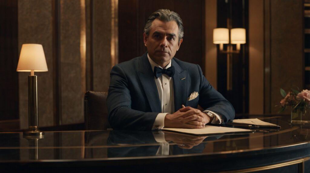 Close-up of a well-dressed concierge at a luxury hotel desk, attentively listening to a guest, warm lighting, photorealistic.