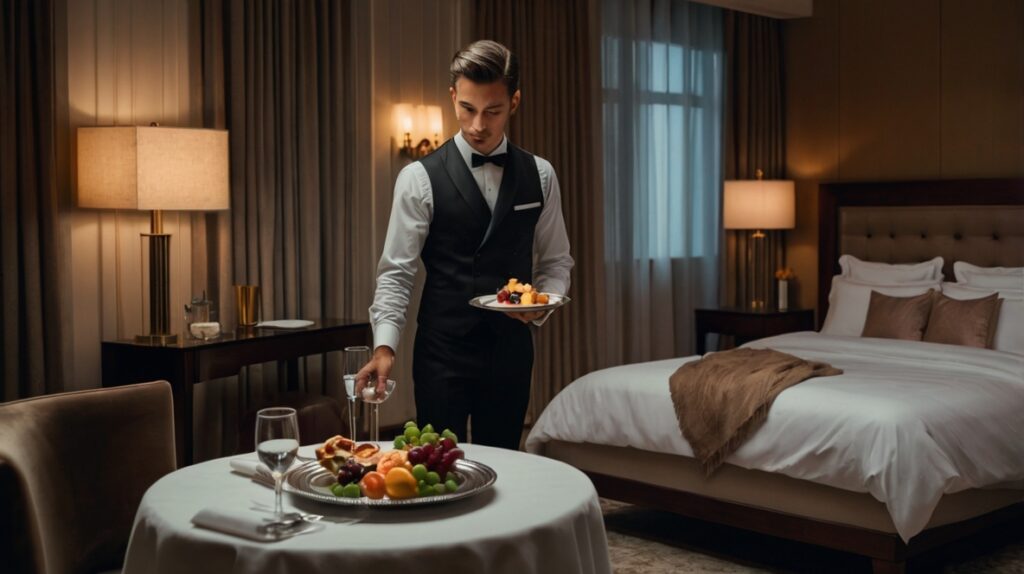Elegant room service setup in a luxurious hotel room, with a waiter presenting a covered dish, mood lighting